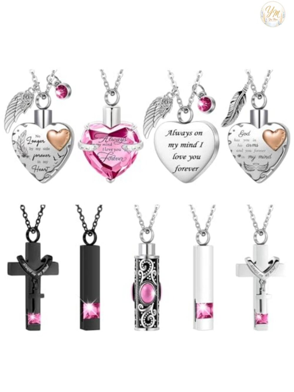9 Pcs Stainless Steel Cremation Urn Necklace Set Heart Cross Locket Memorial